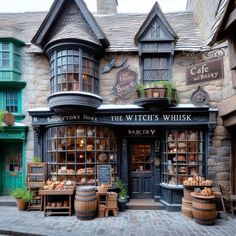 the witch's whisk bakery is located in an old - fashioned building