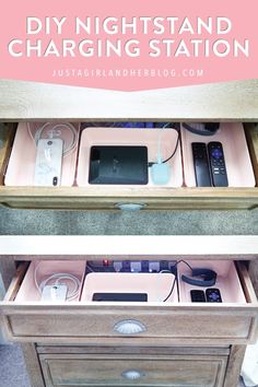 two drawers with electronics in them and the words diy night stand charging station