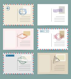 mail envelopes with stamps on them, set of four different designs and colors stock photo