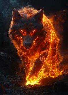 a wolf is running through the fire