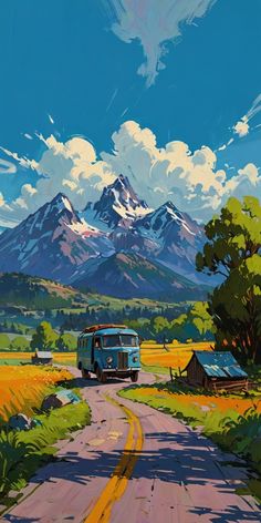 a painting of a blue bus driving down a rural road with mountains in the background