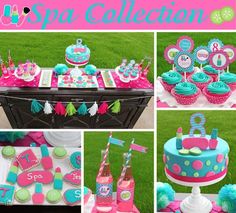 this is a collage of pictures with cupcakes and cakes on it in pink, teal, and blue