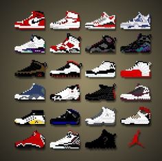 a bunch of pixelated sneakers that are all different colors and sizes, with the same color