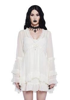 Widow Chiffon Mini Dress With Bell Sleeves And Cross Charm - Black – Dolls Kill Dress With Bell Sleeves, Chiffon Mini Dress, Pride Outfit, Goth Dress, Gothic Horror, Dreamy Dress, Black Doll, Gothic Outfits, Bell Sleeve Dress