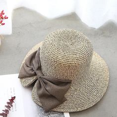 Summer Casual Solid Straw Bow Hat ACCESSORIES One Size Khaki Trendy Summer Hats For Picnic, Retro Summer Hats For Outdoor, Retro Summer Sun Hat For Outdoor, Retro Sun Hat For Summer Outdoor, Retro Summer Outdoor Hat, Retro Sun Hat For Outdoor Summer, Beige Summer Hat For Picnic, Summer Beige Hat For Picnic, Retro Brown Beach Hat