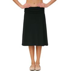 "Solid color A-line skirt is a great base for any top. Easy to pair with the tops you love and dress up or down! This skirt is pull on style, made of heavy weight cotton knit jersey, fold-over stretchy waist without zipper. It's not only comfy to wear with, but also makes your tummy look flat! Our versatile fold-over, a-line skirt is perfect for everyday wear. Can be made longer by not folding over the waist or shorter by folding over the waist band. The waist band is a yoga band, meaning no ela Flowy Full Skirt Solid Color Skort, Solid Color Flowy Full Skirt Skort, Flowy Full Skirt Skort, Stretch A-line Skirt With Lining, Stretch Full Pleated Skirt In Solid Color, Solid Flowy Skort, Solid Stretch Flared Skirt, Relaxed Fit Solid Flared Skort, Stretch A-line Maxi Skirt