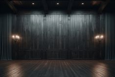 an empty room with wooden floors and two lights on the wall, in front of curtains