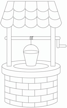 a drawing of a water fountain with a roof and awning over it, in black and white