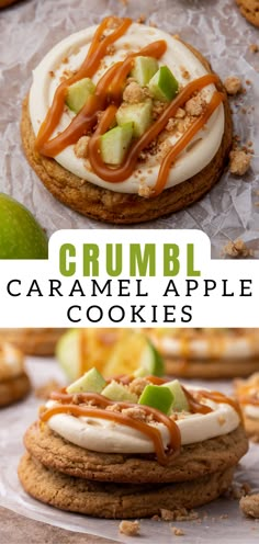 some cookies with caramel toppings on them and the words crumbl caramel apple cookies