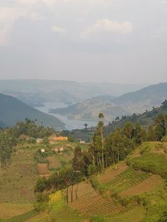 a view of some hills and trees with water in the distance