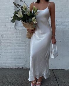 white silk dress White Silk Dress Aesthetic, Silk Dress Graduation, Silk Dress Aesthetic, Bridal Nightgown, White Silk Dress, Color Blocking Outfits, Dress Graduation, Fits Aesthetic