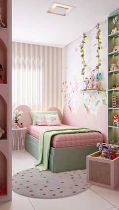 a child's bedroom decorated in pink and green