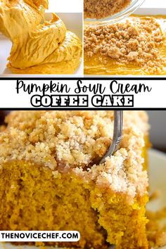 pumpkin souf cream coffee cake with crumbs on the top and bottom layers