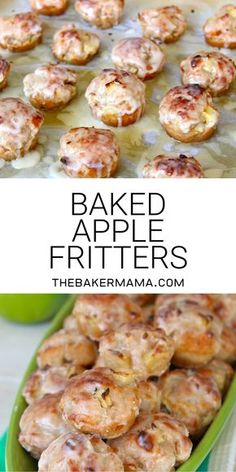 baked apple fritters in a green baking dish