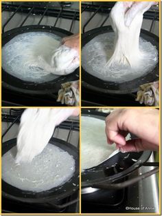 four pictures show how to make an omelet with white sauce in the oven