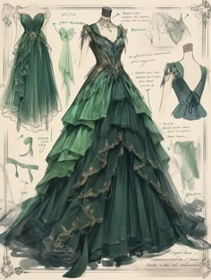 Forest Green Reception Dress, Floor Length Ball Gowns, Goth Honeymoon, Dark Green Dress Aesthetic, Butterfly Ball Gown, Grand Dresses, Cottagecore Gown, Royalty Outfits, Creative Dresses