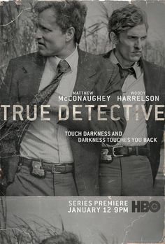 two men standing next to each other in front of a poster for true - detective