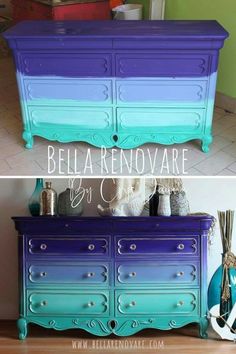 the before and after of an old dresser painted in bright blue, purple and green