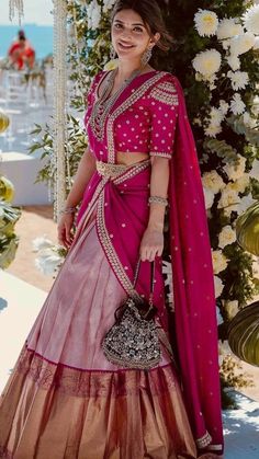 Celebrity Lehenga Designs, Half Sarees For Women, Pink Langa Voni, Half Saree Lehenga Wedding, Half Saree Lehenga Langa Voni, Half Saree For Engagement, Half Saree Blouse Designs, Traditional Half Saree Designs