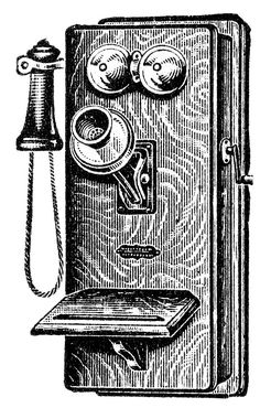 an old fashioned phone with two dials and a telephone cord attached to the wall