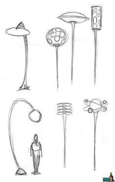 various types of objects are shown in this drawing technique, including an object that appears to be a lamppost