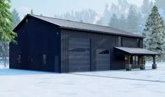 an image of a black garage in the snow with lots of trees and snow on the ground