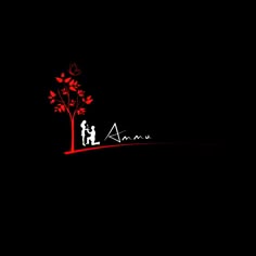 the silhouette of two people under a tree with red leaves on it, against a black background