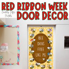 This Red Ribbon Week door decor resource is for teachers looking to create an engaging and educational display. It includes The Bee Drug Free Like Me" phrase with a yellow honeycomb background, cute bees, and circle frames for easy upload of students pictures. Teachers can use it to decorate their classroom doors, encouraging students to commit to being drug-free. It can be used during Red Ribbon Week in October or throughout the year. Follow me to be the first to hear about FREEBIES and Updates Halloween Red Ribbon Week Door Ideas, Red Ribbon Week Door Decorating Middle School, Red Ribbon Week Door Decorating, Red Ribbon Week Door Decorating 2022, Red Ribbon Week Door, Honeycomb Background, Cute Bees, Student Picture, Background Cute