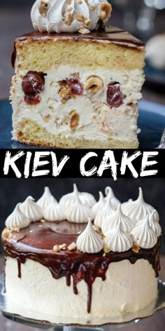 two different types of cake with the words kiley cake on top and below it