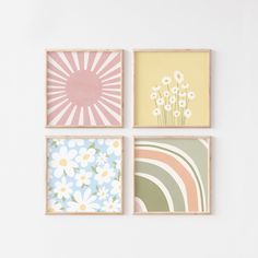 four square paintings with flowers and stripes on them