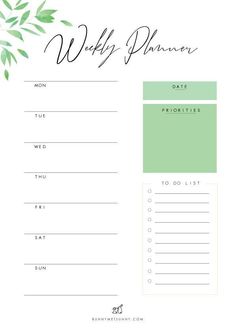 the daily planner with green leaves on it and text that says,'weekly planner '