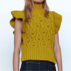 Zara Sweater Vest. Excellent Condition - Never Worn. Color - Ochre. Trendy Zara Cable Knit Sweater, Casual Yellow Winter Tops, Casual Yellow Cable Knit Sweater, Yellow Cable Knit Top For Fall, Casual Mustard Knit Sweater, Yellow Textured Knit Sweater, Fall Yellow Cable Knit Top, Winter Yellow Cable Knit Sweater, Chic Yellow Winter Top