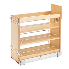 a wooden shelf with three shelves on each side