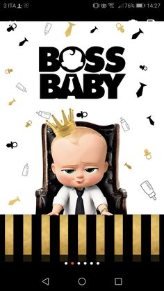 a baby in a chair with the words boss baby on it's face and gold crown