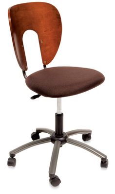 an office chair with a wooden back and seat, viewed from the front angle on a white background