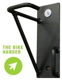 the bike hanger is black and has an arrow pointing up to it's left side