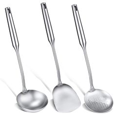 PRICES MAY VARY. Durable stainless steel: these kitchen cooking tools are made of quality 304 stainless steel, resistance to rust and corrosion, it will last for long term, ideal addition for vacations, birthdays, outdoor events, dinner parties and more Essential kitchen accessory: the wok spatula set is well polished, with smooth edges to match the curve of a wok or cast iron skillet, elegant in appearance, good kitchen tool for your life Easy to clean: fine workmanship ensures smooth surface a White Kitchen Utensils, Best Kitchen Tools, Kitchenware Set, Wooden Kitchen Utensils, Soup Ladle, Tongs Kitchen, Cooking Utensil, Cooking Utensils Set, Spatula Set