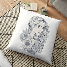 a drawing of a woman with flowers on her head floor pillow