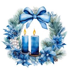 a wreath with two blue candles on it and a bow around the wreath, watercolor