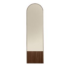 an oval shaped mirror with wooden trims on the bottom and sides, against a white background