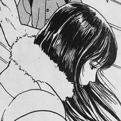 a black and white drawing of a girl with long hair looking down at her head