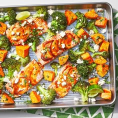 broccoli and sweet potatoes on a baking sheet