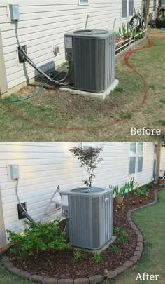 before and after photos of an air conditioner in front of a house with landscaping around it