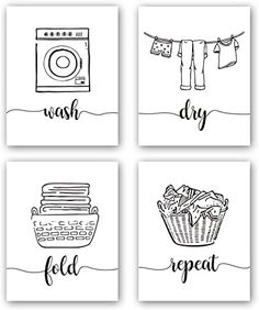 four black and white pictures with laundry symbols