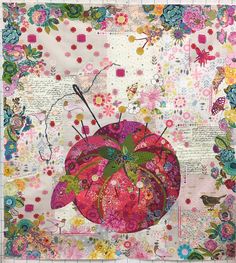 an art work with colorful flowers and butterflies on the fabric, including a pink apple