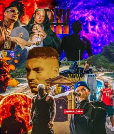 the collage shows many different people and their faces, including one man holding a skateboard