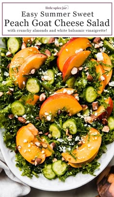 a white plate topped with peaches and cucumber salad next to a wooden spoon