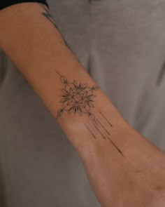 a person's arm with a tattoo on it that has lines going through the center