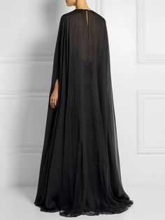 Simple Two Pieces Inner Slip Dress+See Through Outer Cape Maxi Dress Black Chiffon Long Sleeve Maxi Dress, Black Long Sleeve Chiffon Maxi Dress, Fitted Black Cape Dress, Black Fitted Cape Dress, Black Chiffon Maxi Dress For Night Out, Black Sheer Long Sleeve Maxi Dress, Black Sheer Long Maxi Dress, Chiffon Gown, Abaya Fashion