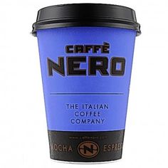 a blue coffee cup with the word caffe nero on it's side